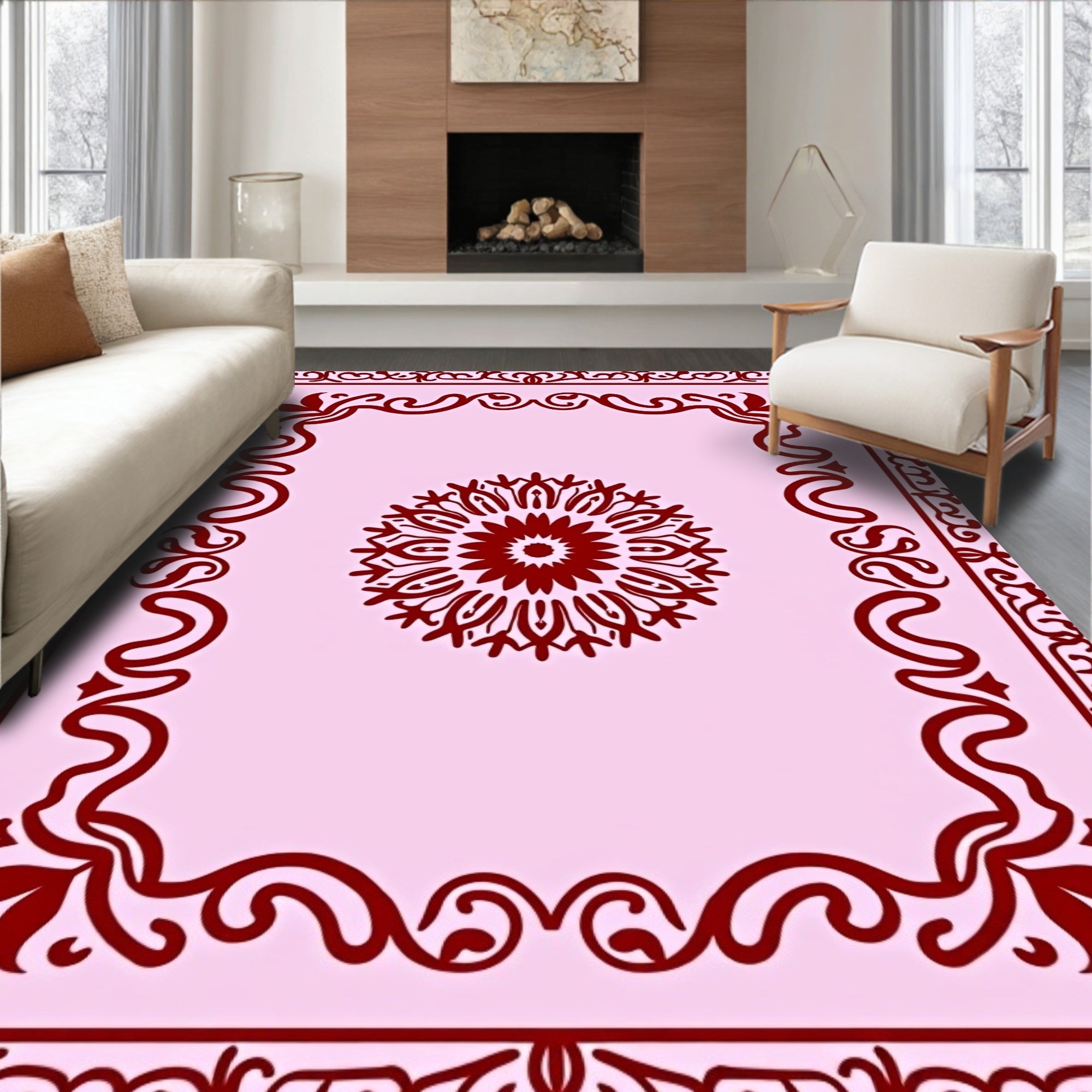 Crimson Mandala Floral Frame Rug