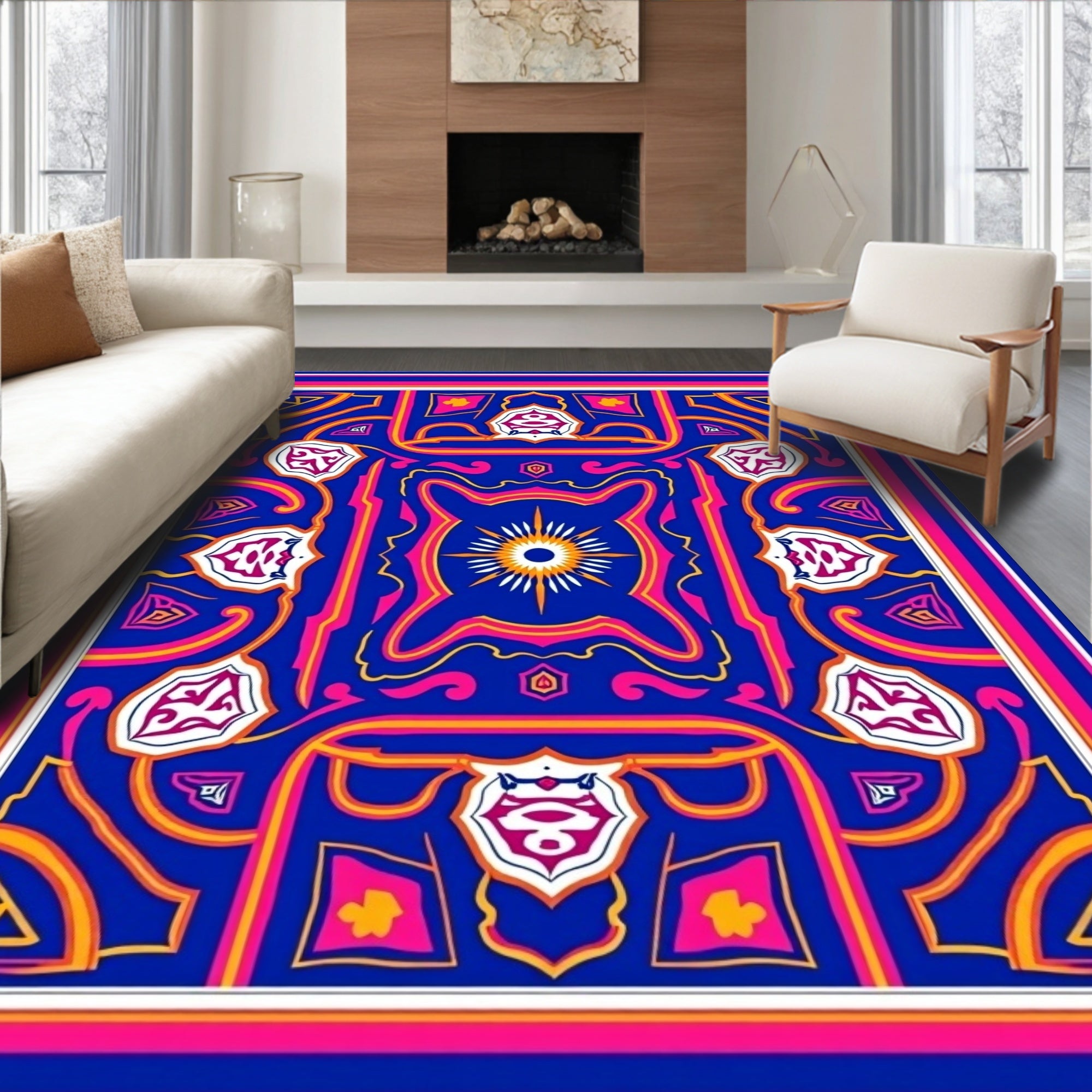 Vibrant Blue Pink Sunburst Medallion Rug