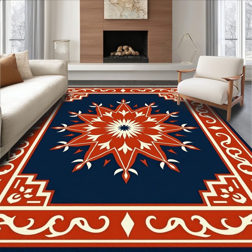 Crimson Starburst Geometric Border Rug