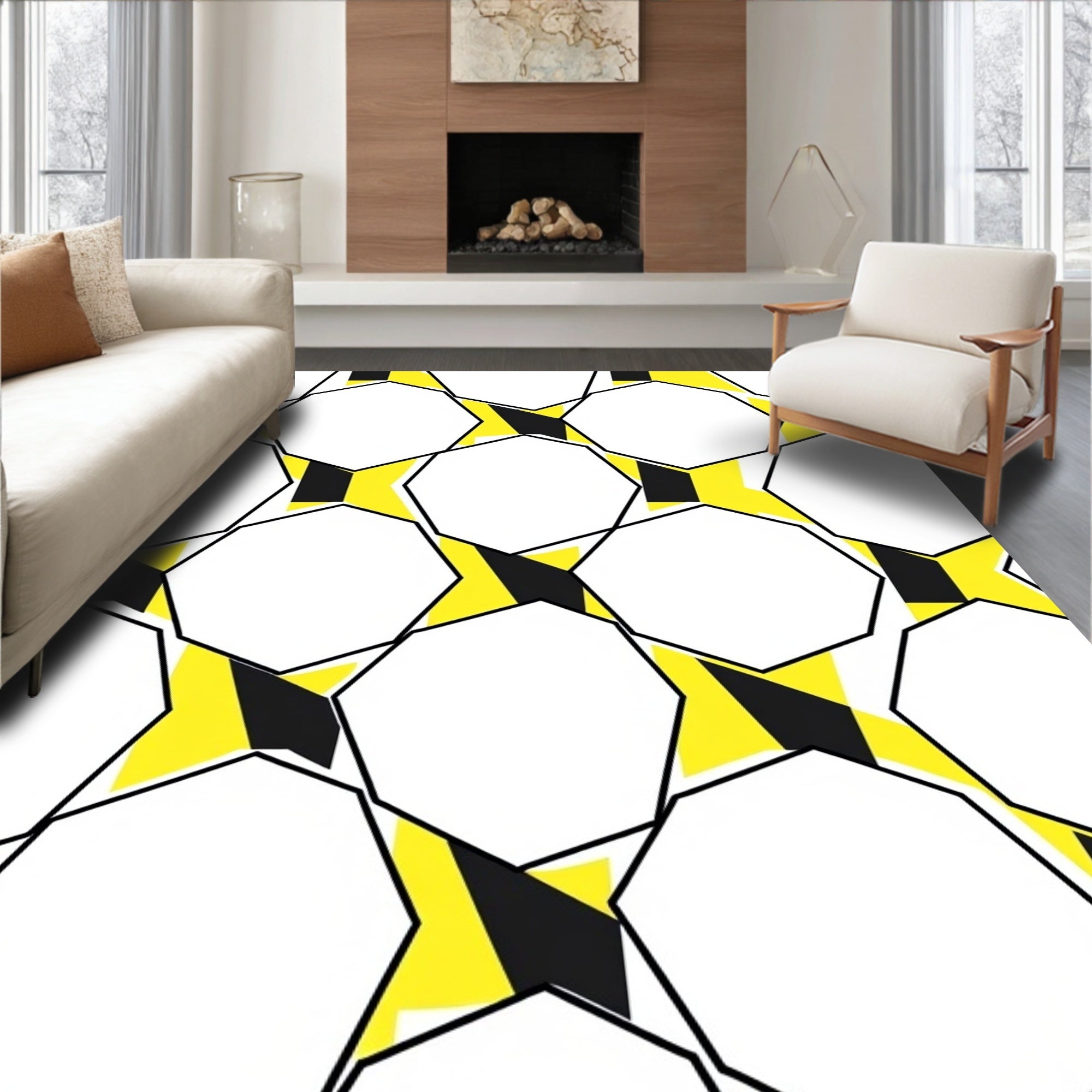 Modern Yellow Black Geometric Starburst Rug