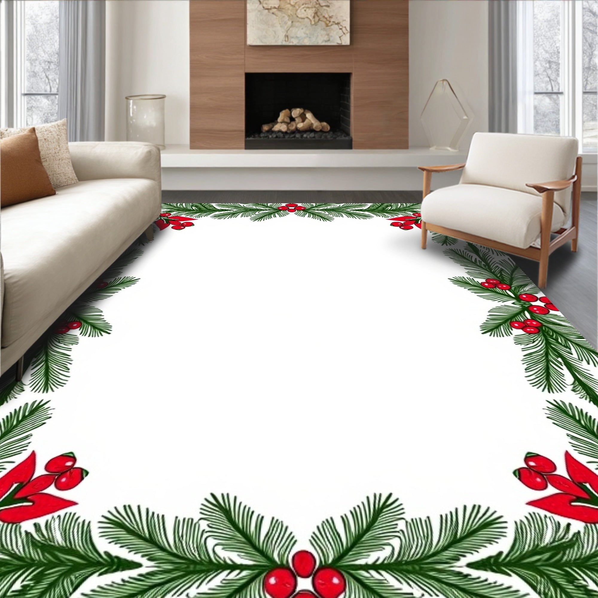 Green Spruce Red Berries Border Rug
