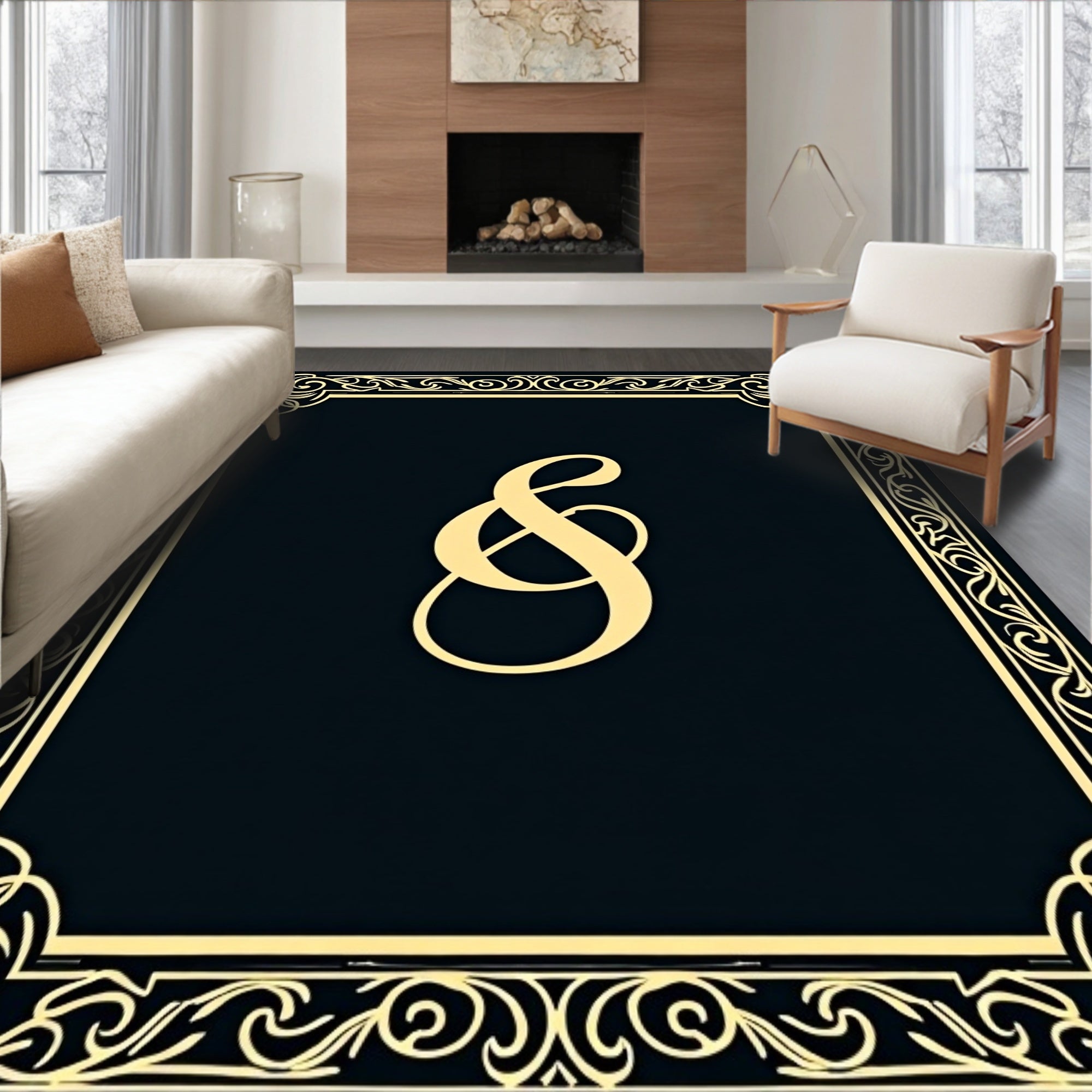 Antique Gold Swirl Border Ampersand Rug