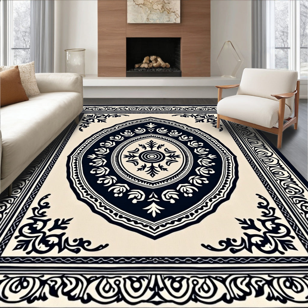 Cream Dark Blue Oval Medallion Frame Rug