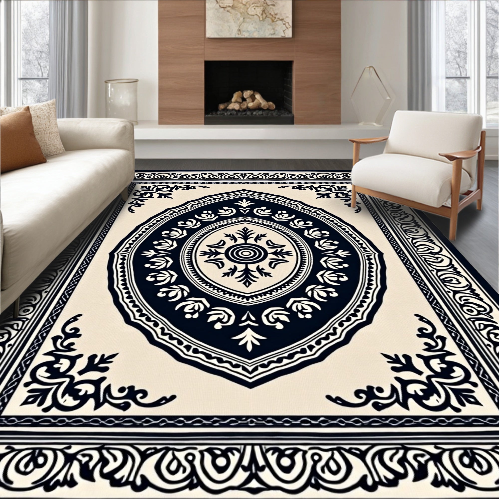 Cream Dark Blue Oval Medallion Frame Rug