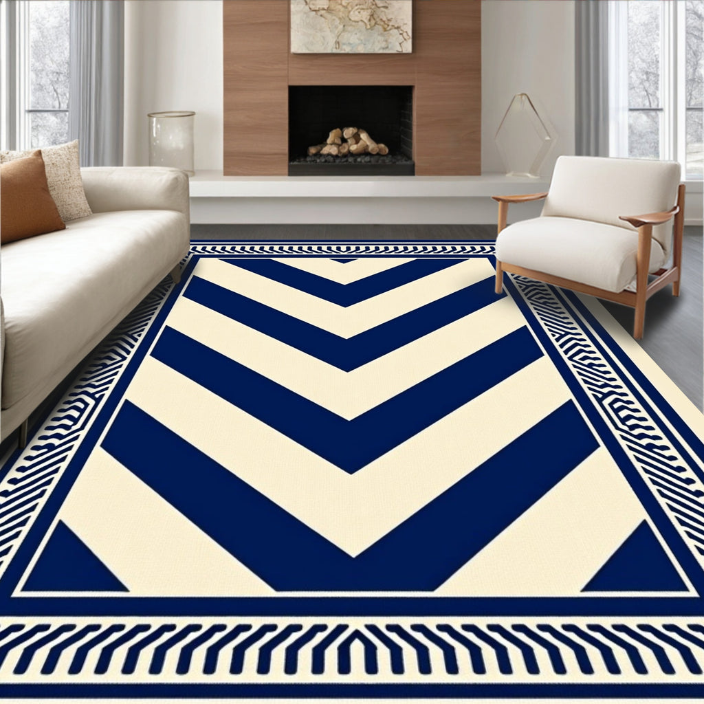 Bold Navy Chevron Rectangular Border Rug