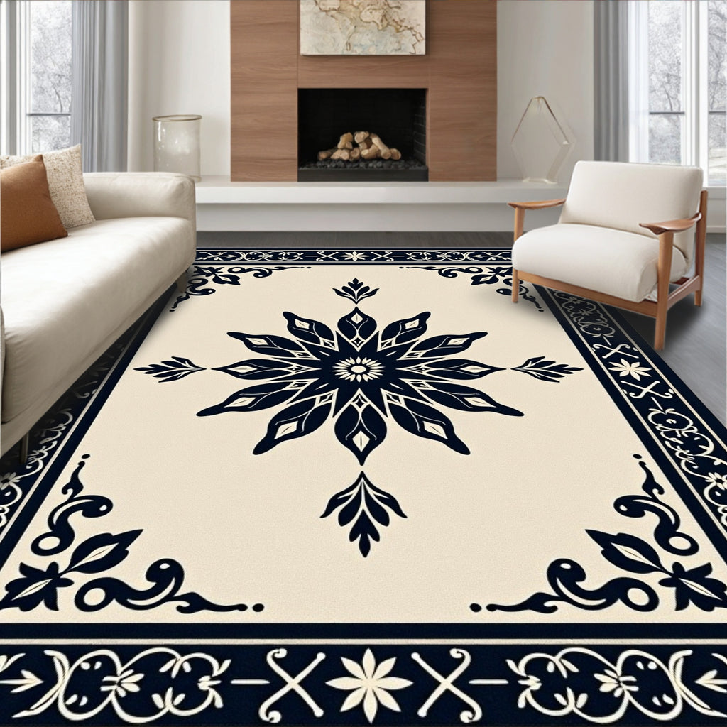 Deep Blue Floral Medallion Border Tile Rug