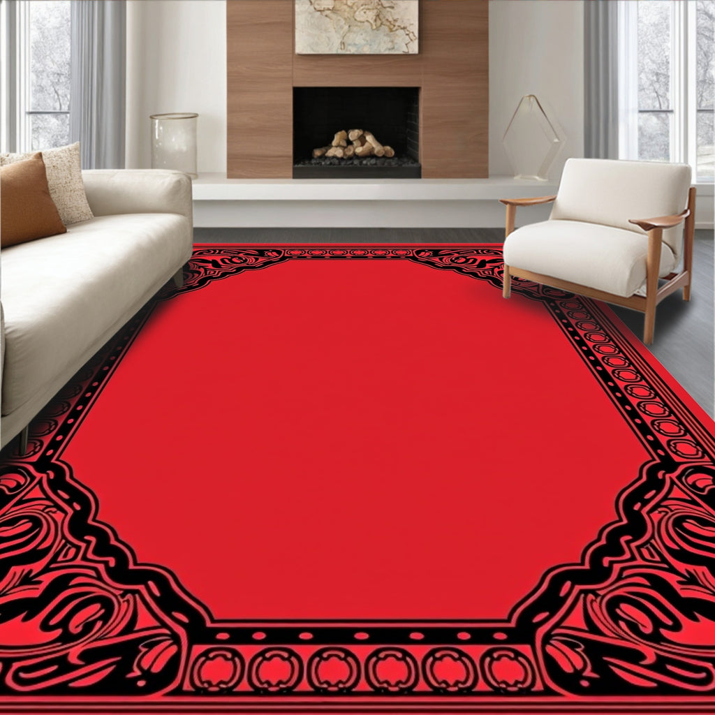 Bold Red Black Floral Border Rug
