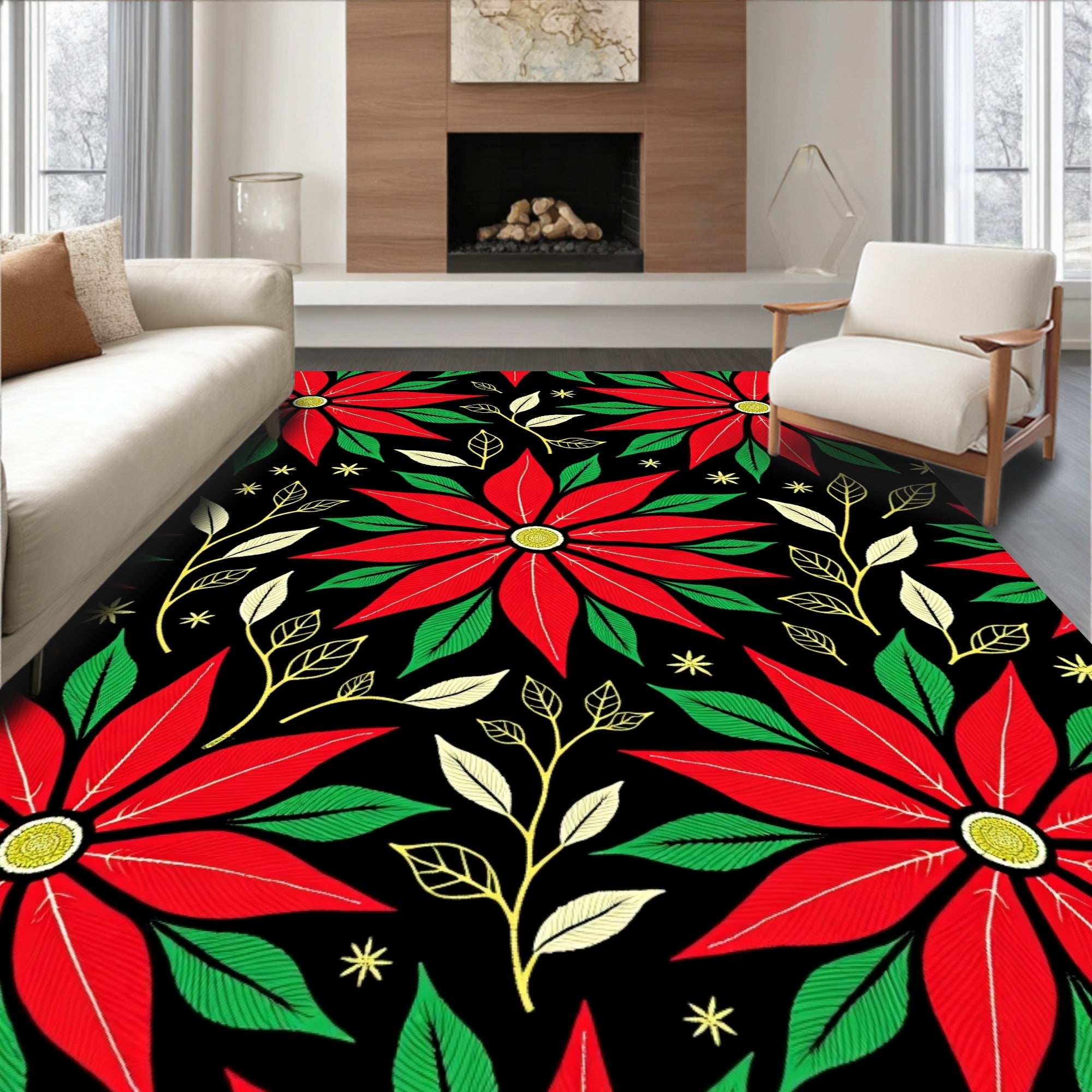Vibrant Red Poinsettia Floral Branches Rug