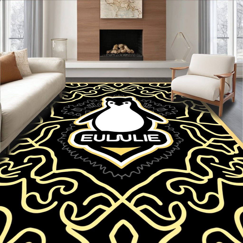 Whimsical Black Yellow Penguin Emblem Rug