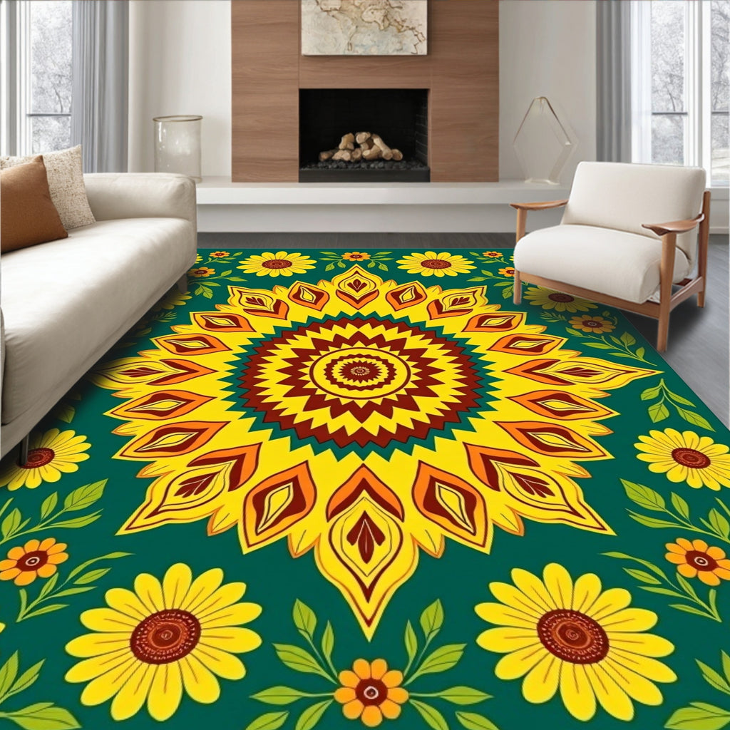Sunflowers In Teal Mandala Rug