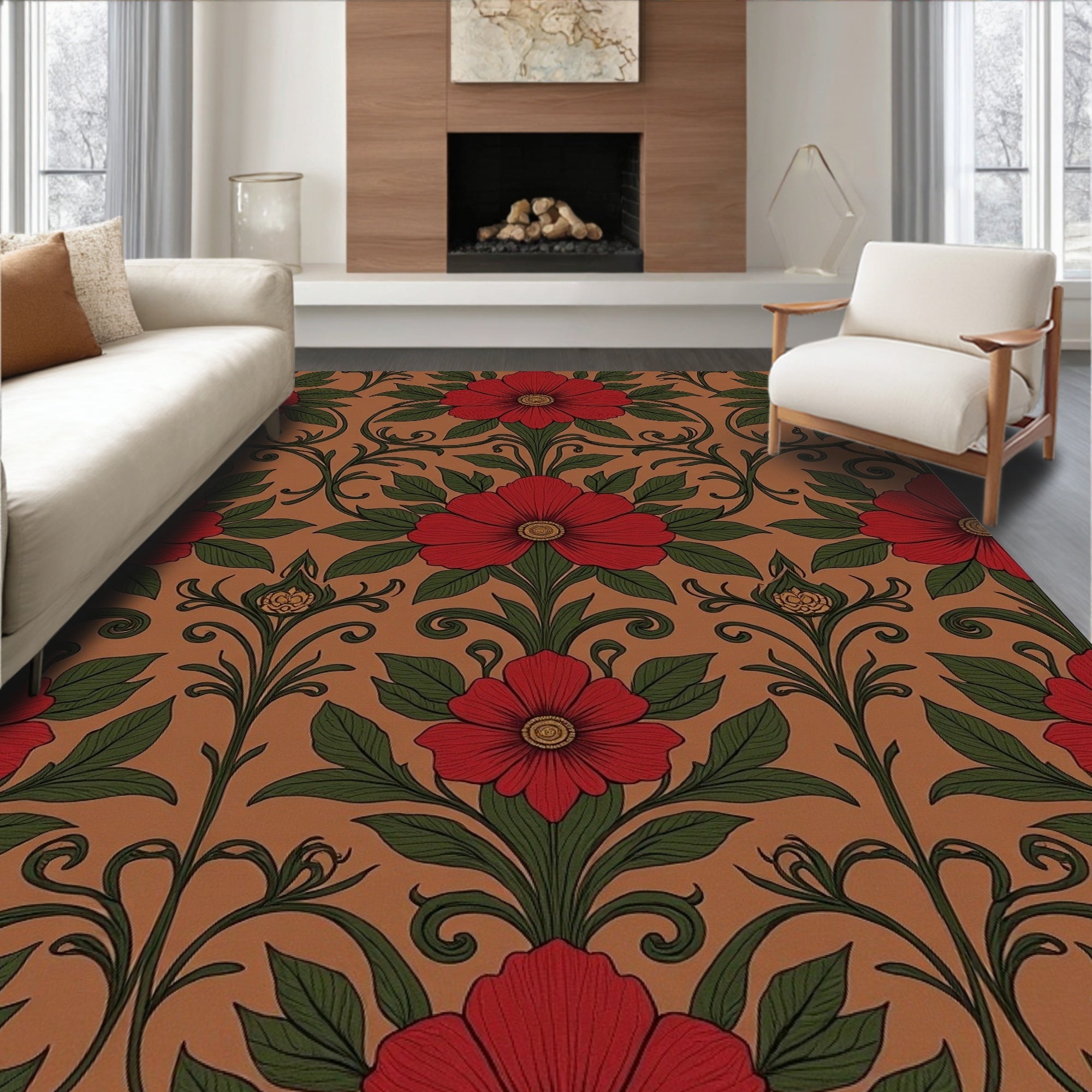 Red Floral Scrollwork Garden Rug
