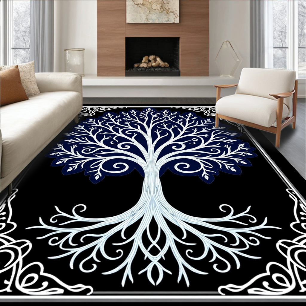 White Tree of Life Navy Border Rug