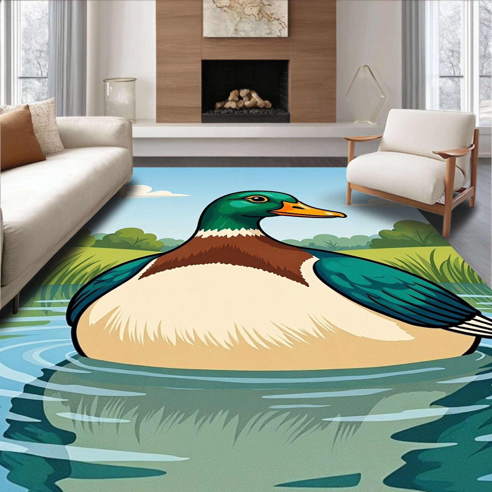 Whimsical Mallard Duck Pond Art Rug