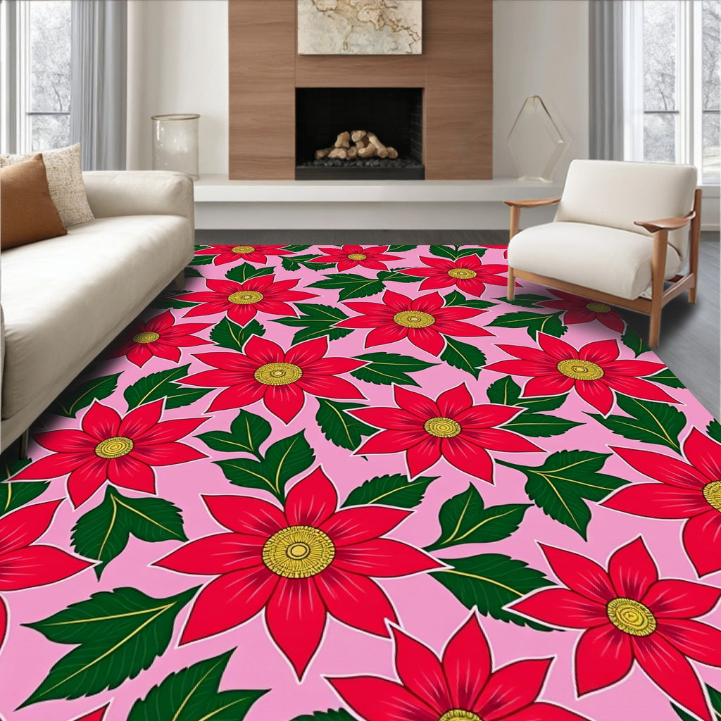 Vibrant Red Pink Floral Bloom Rug