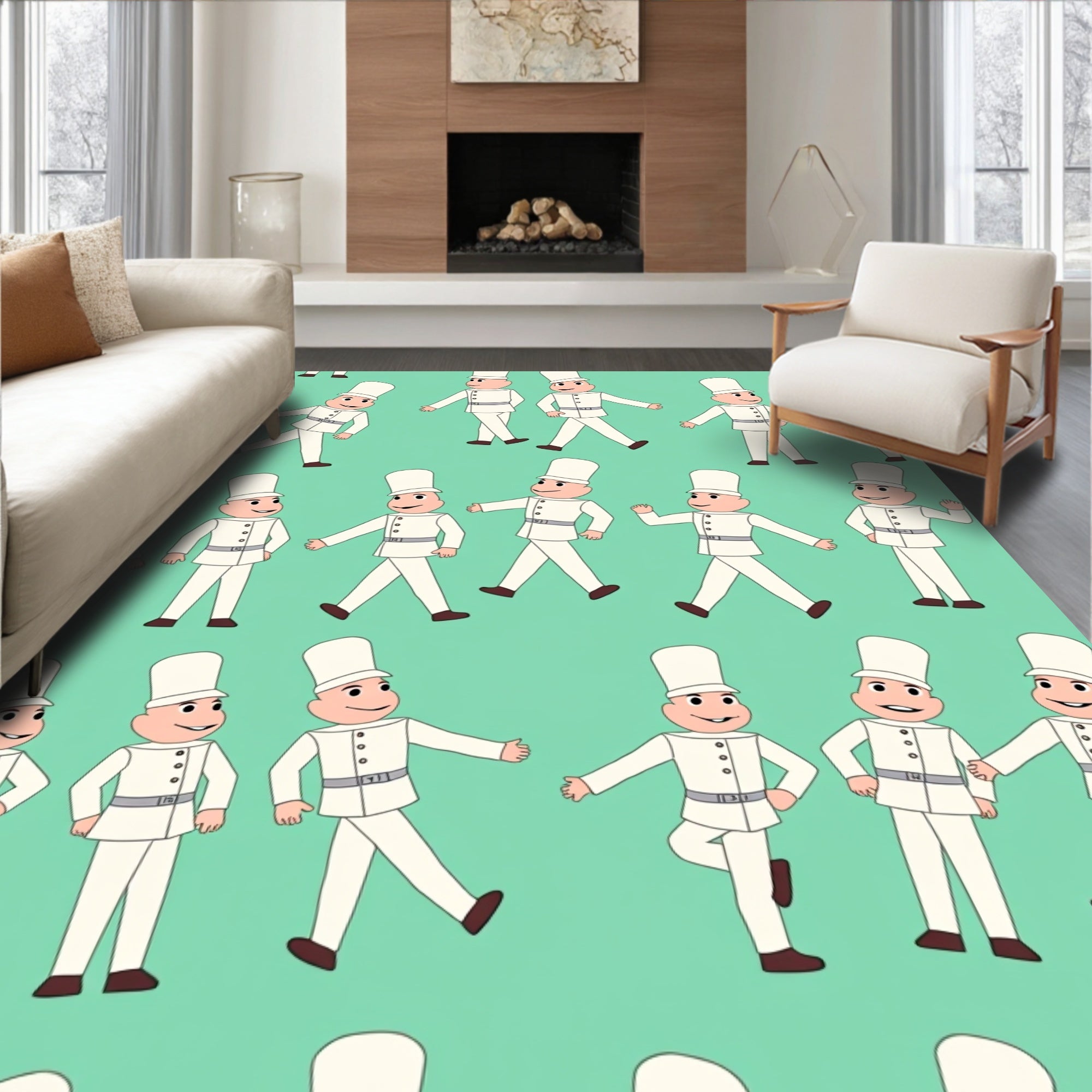 Whimsical Marching Figures Mint Background Rug