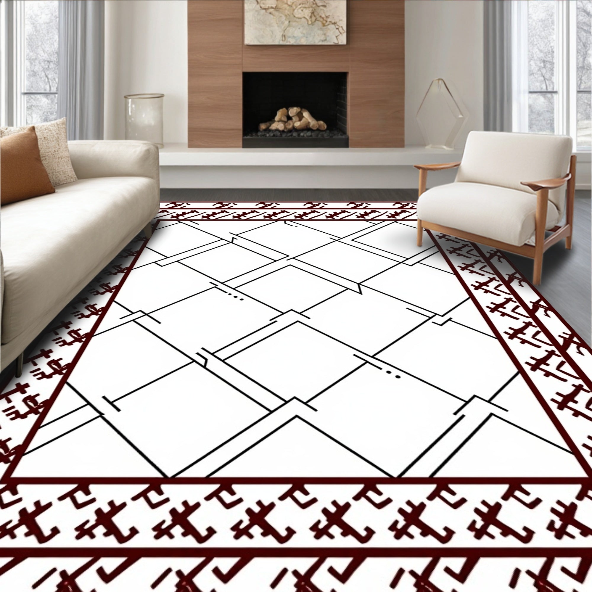 Geometric Brown Lattice Border Rug