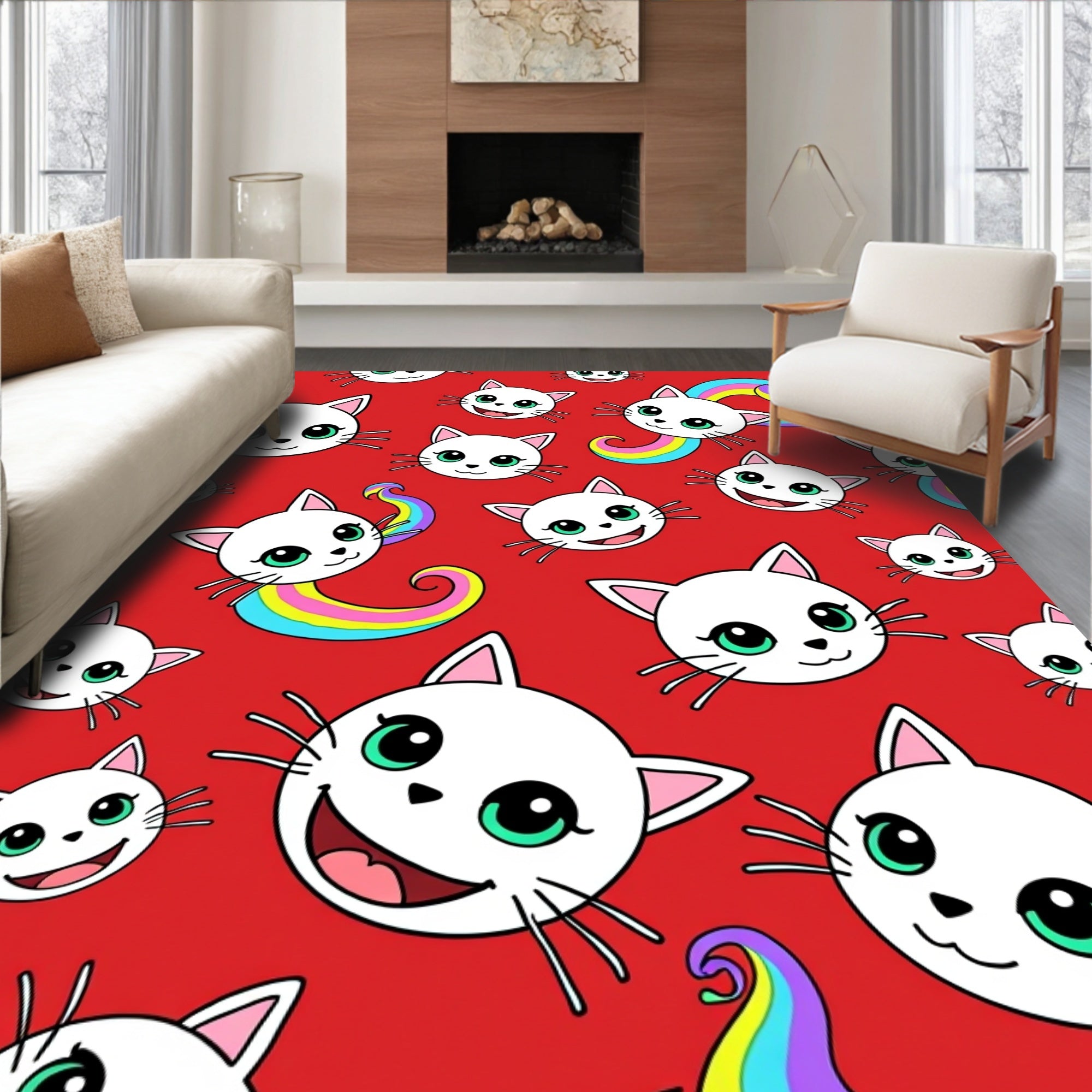 Whimsical White Cats Rainbow Tails Rug