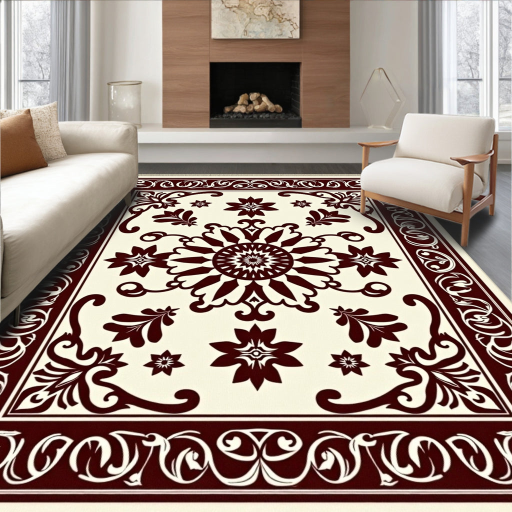 Deep Crimson Floral Medallion Ivory Rug