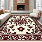 Deep Crimson Floral Medallion Ivory Rug
