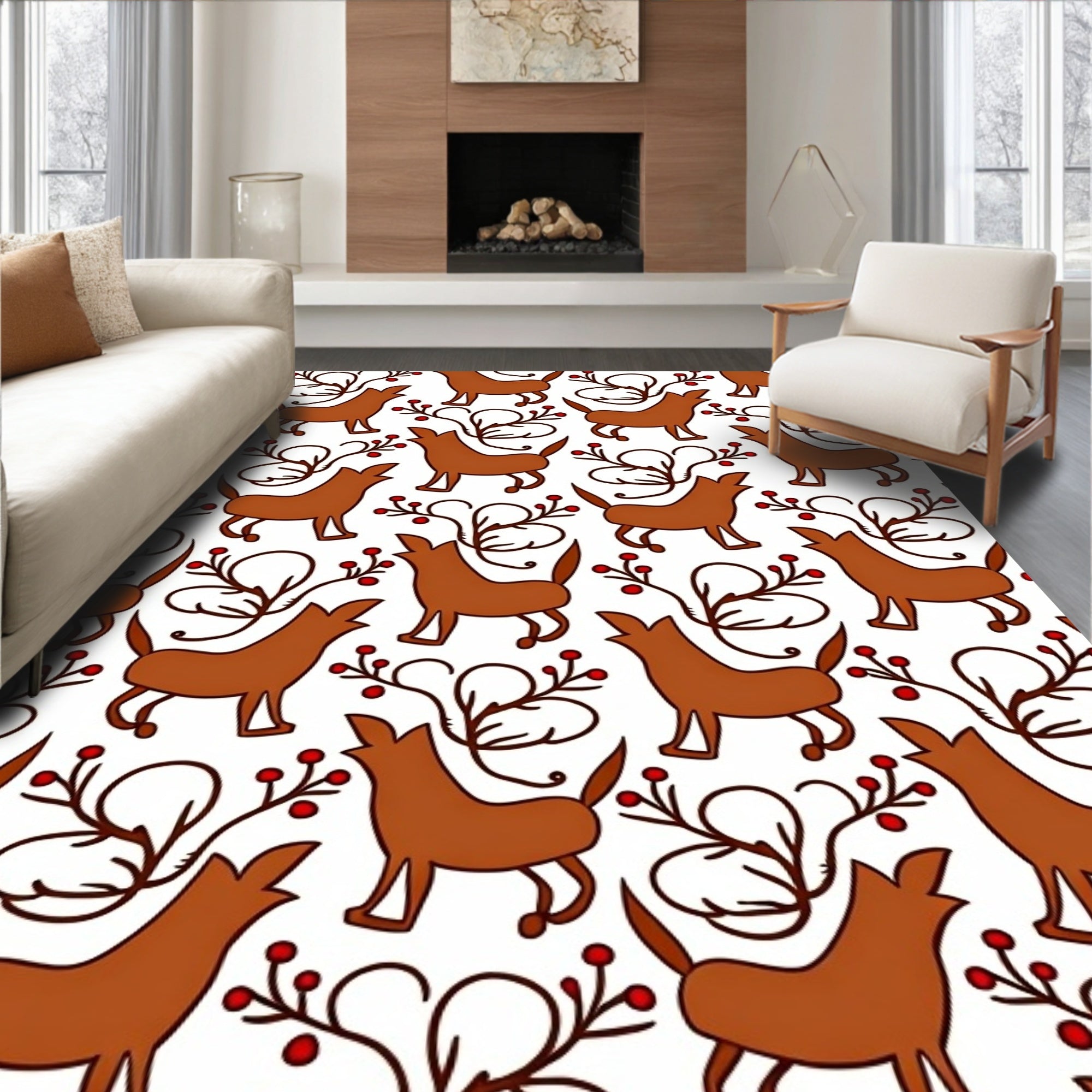 Brown Folk Art Wolves Berry Vine Rug