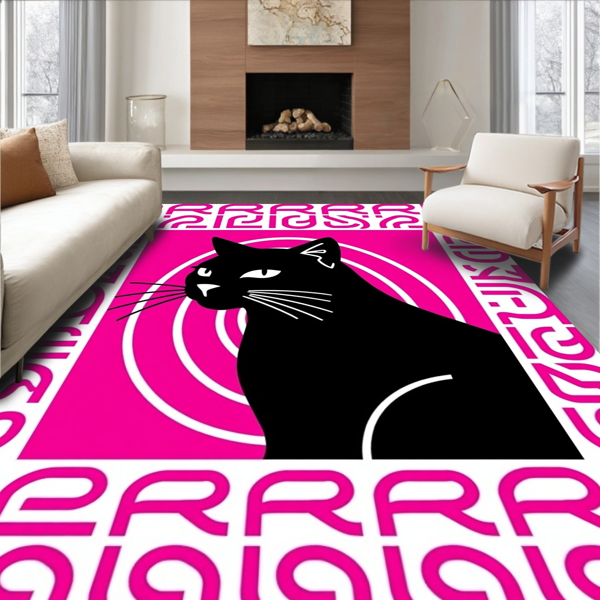 Bold Black Cat Geometric Circles Rug