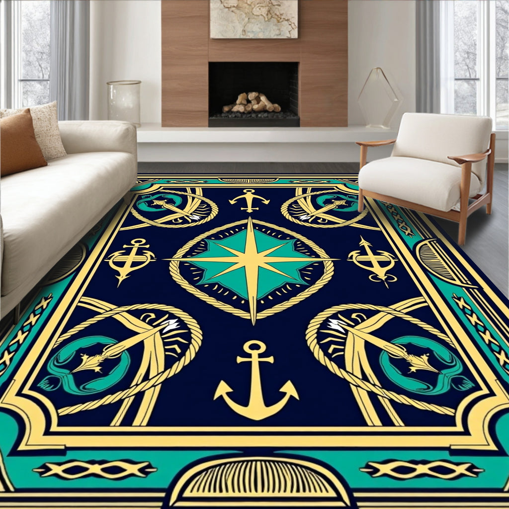 Nautical Navy Gold Teal Compass Rose Rug