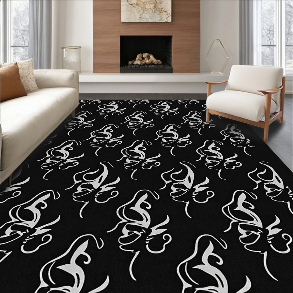 Monochromatic Abstract Butterfly Swirl Ornament Rug