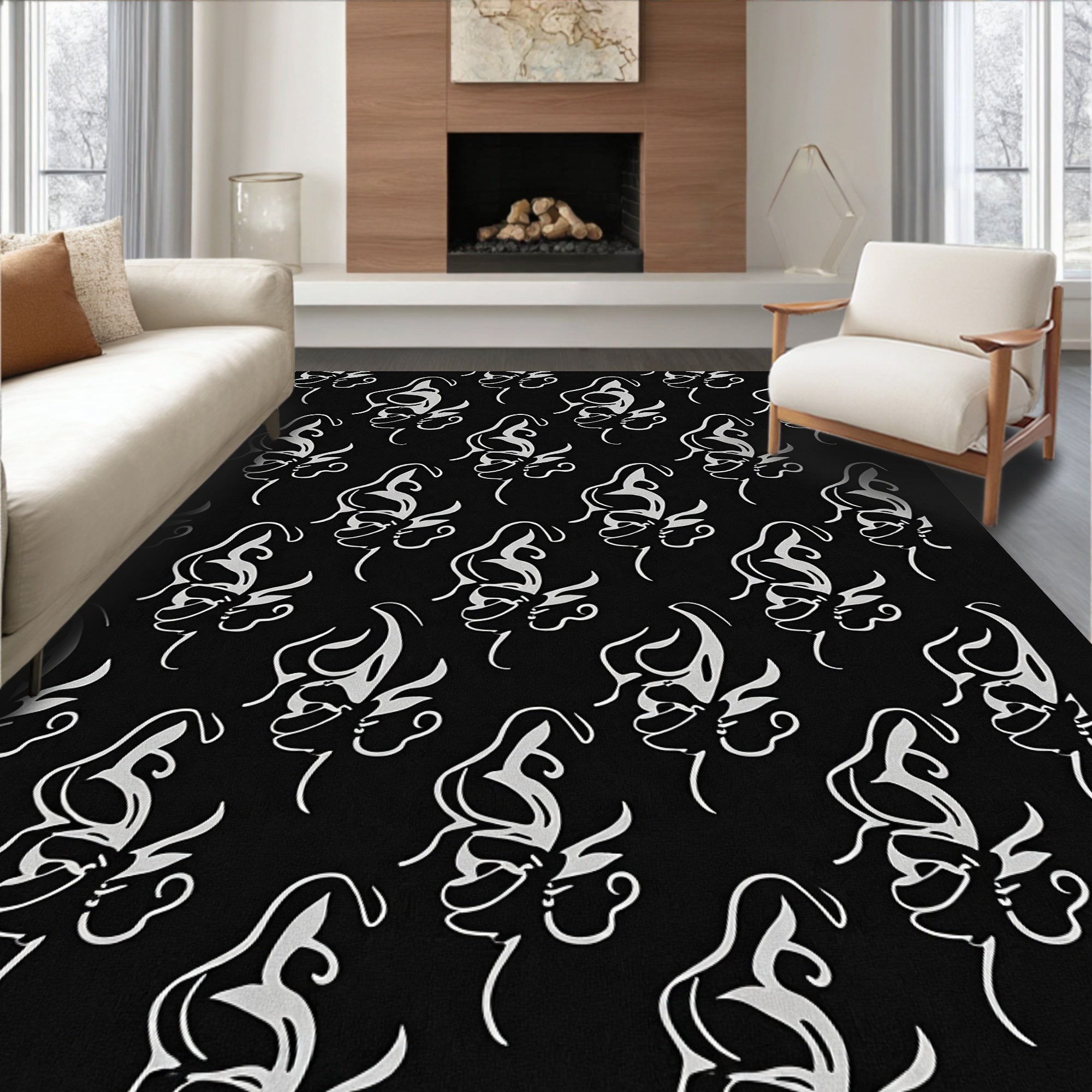 Monochromatic Abstract Butterfly Swirl Ornament Rug