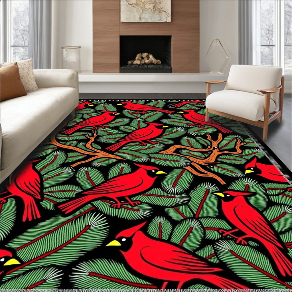 Red Cardinals Amidst Green Pine Sprigs Rug