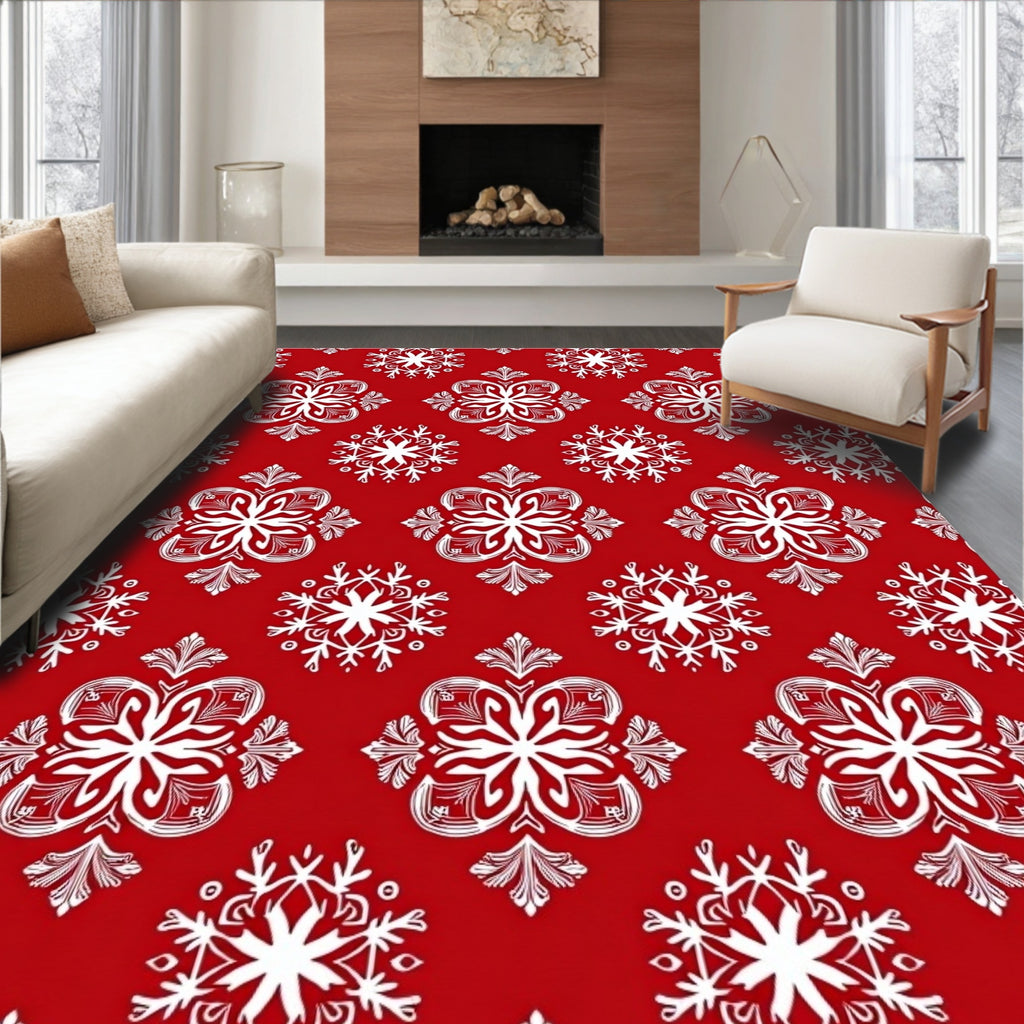 Crimson White Snowflake Mandala Arrangement Rug