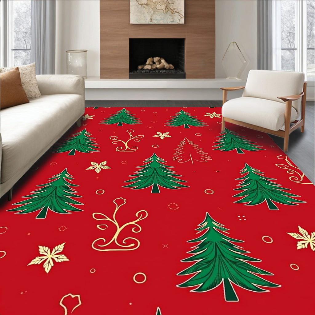 Festive Red Green Trees Gold Sprigs Rug