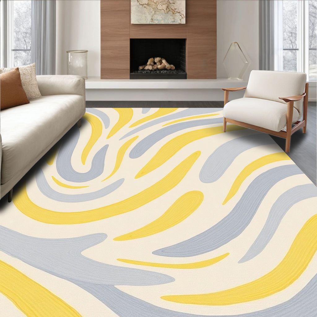 Yellow Gray Wavy Brushstroke Rug