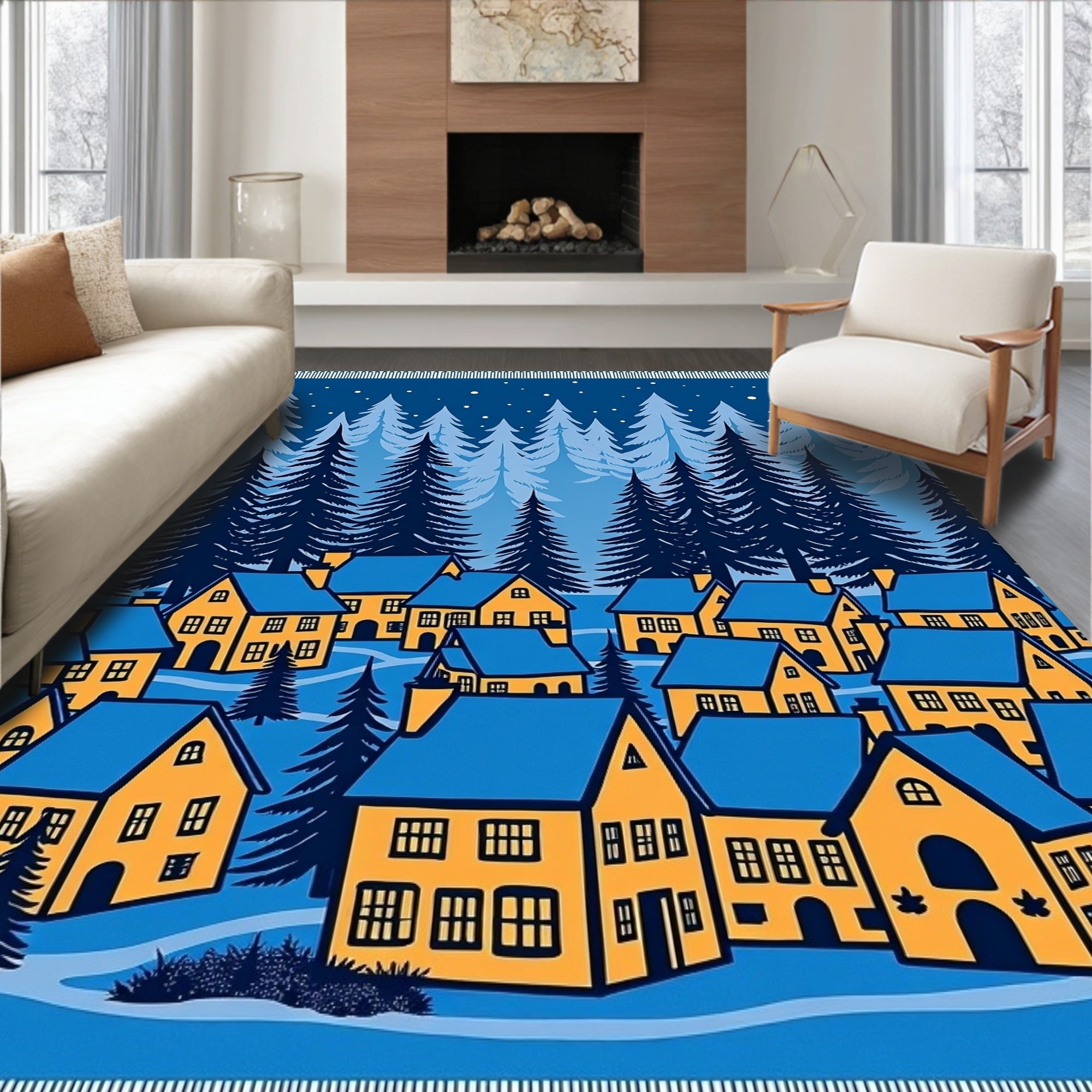 Midnight Forest Village Scene Rug