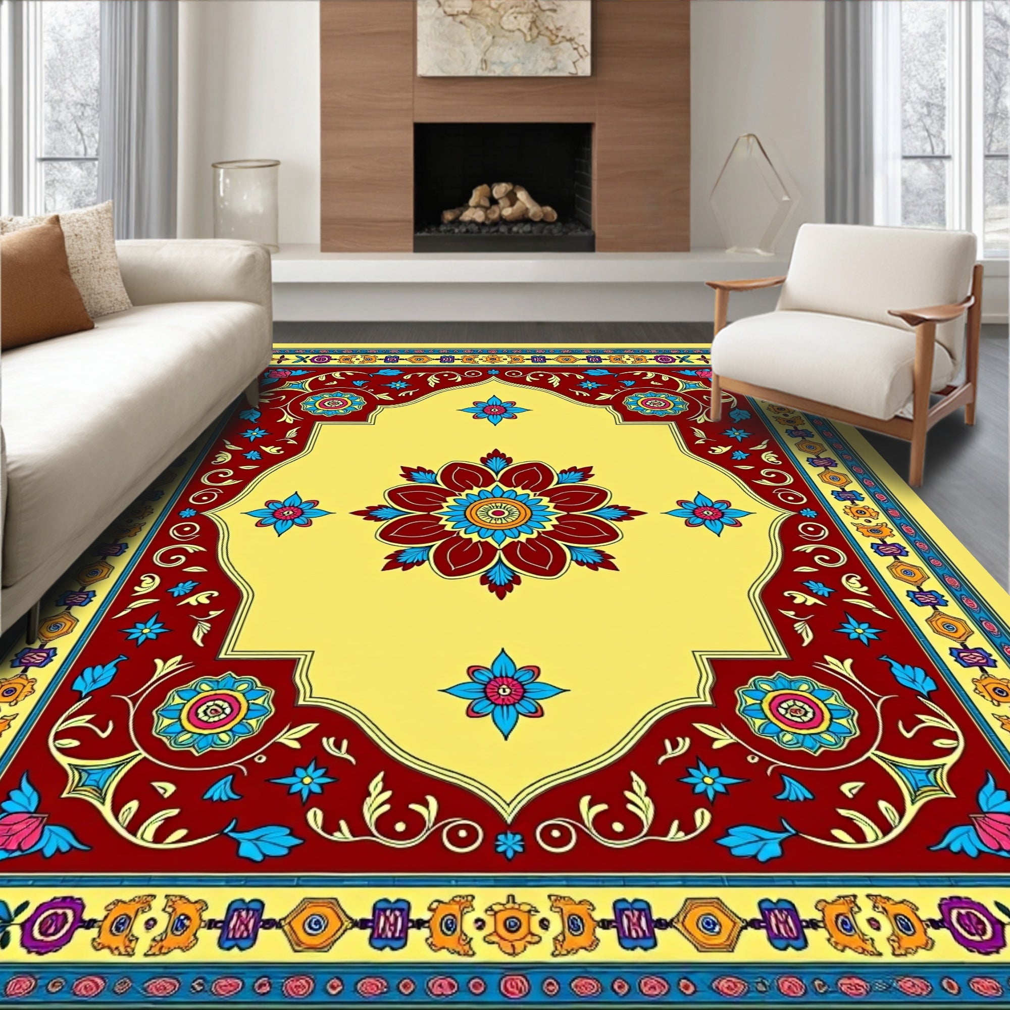 Vibrant Yellow Red Floral Medallion Rug