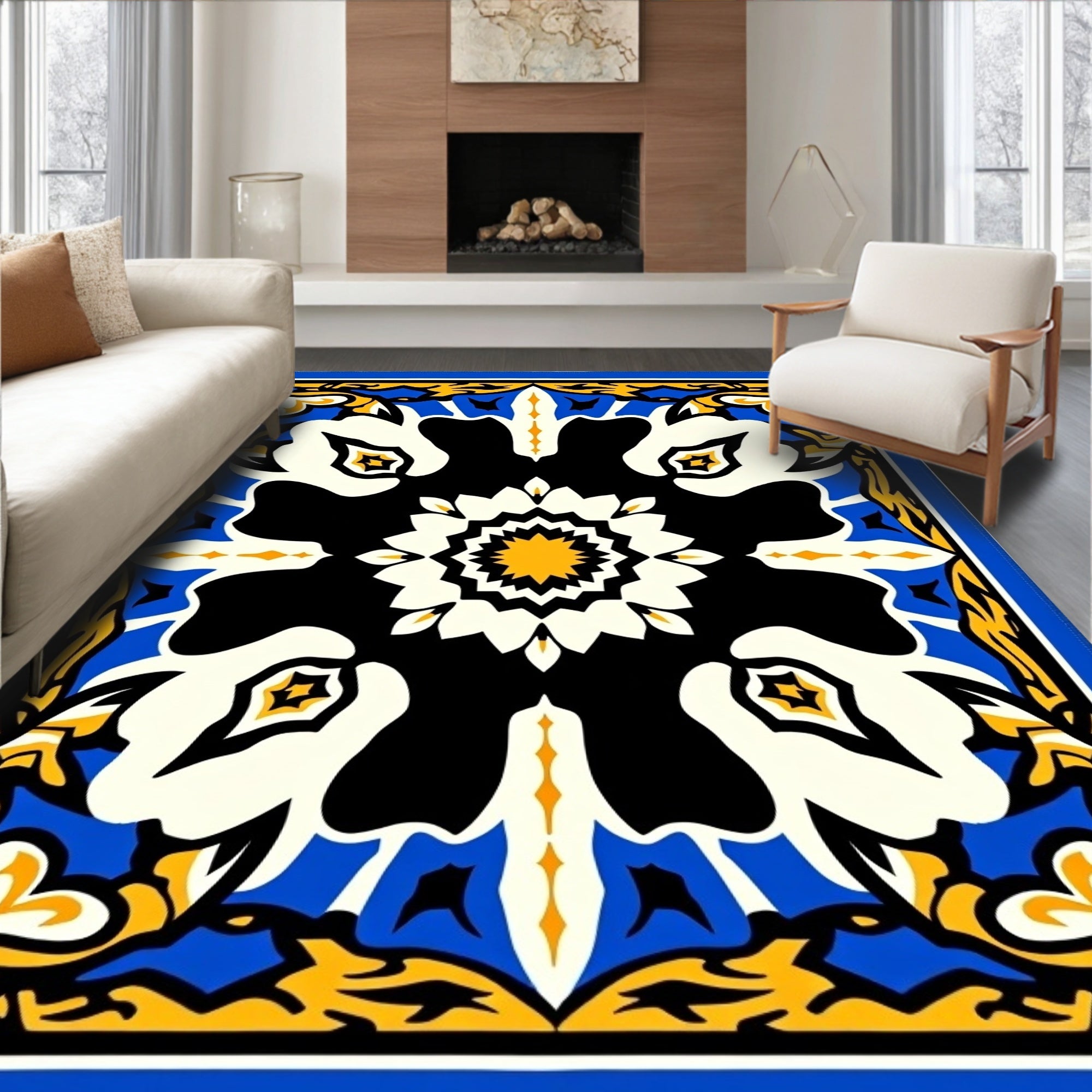 Bold Blue Yellow Floral Medallion Rug