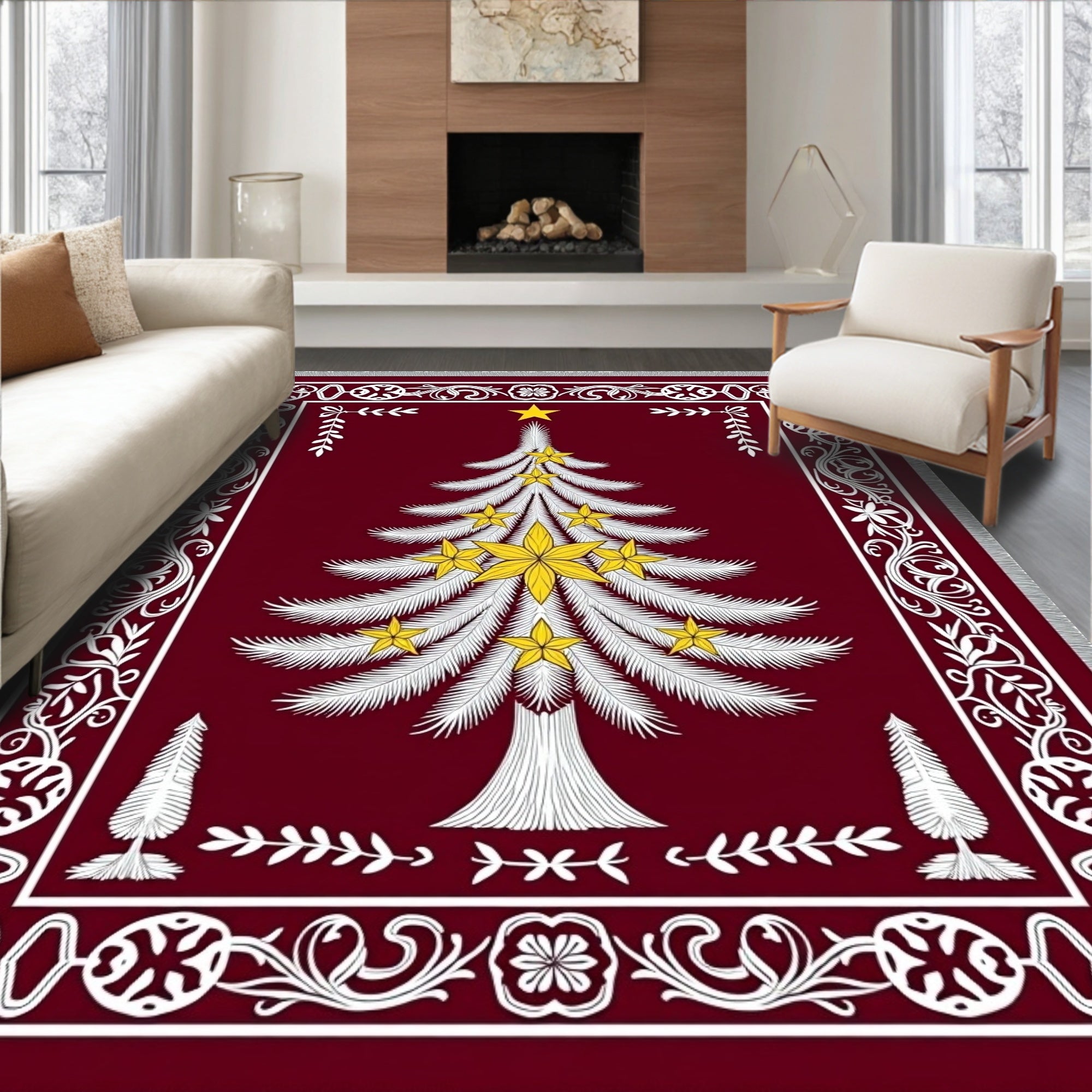 Crimson Christmas Tree White Gold Medallion Rug