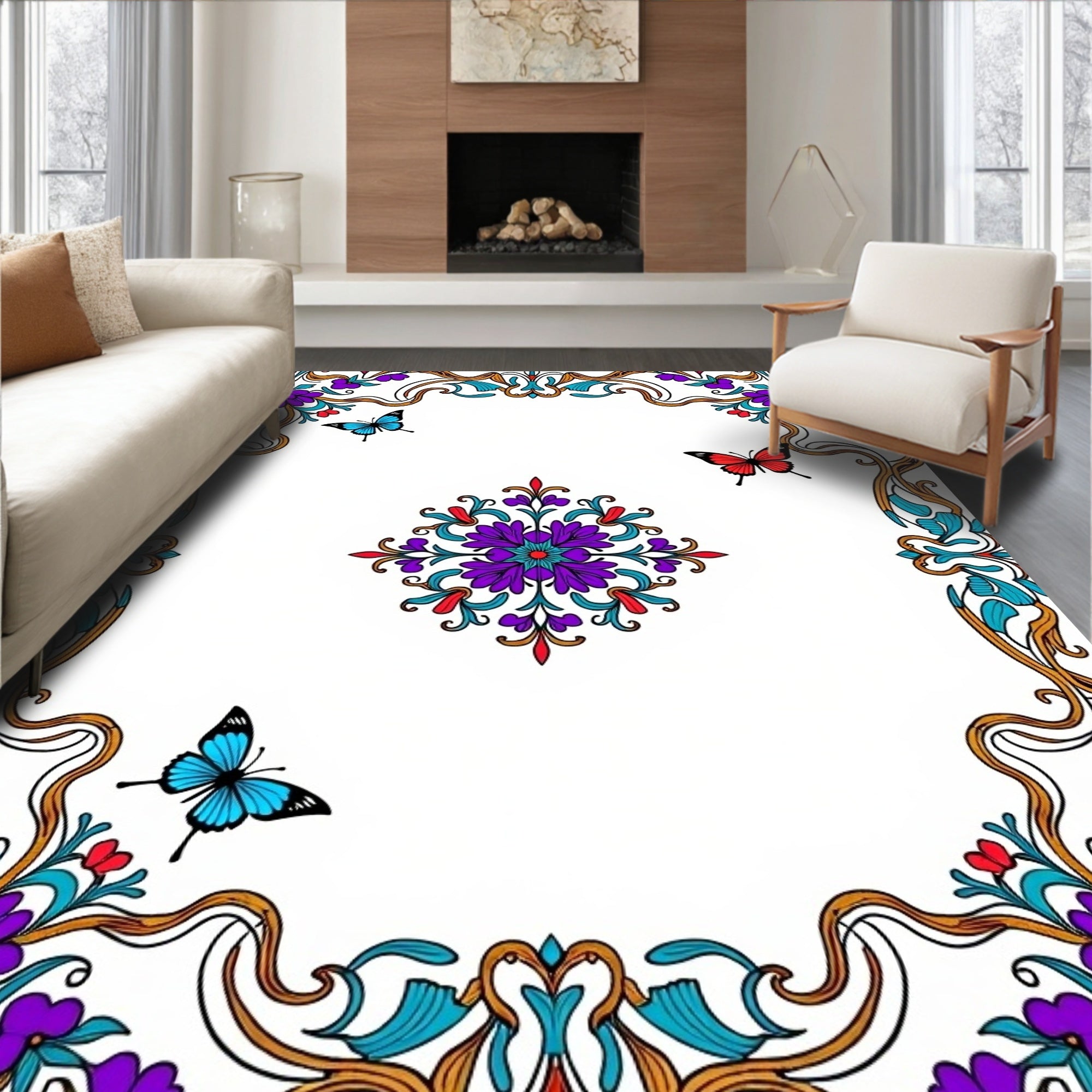 Vibrant Floral Butterfly Medallion Rug
