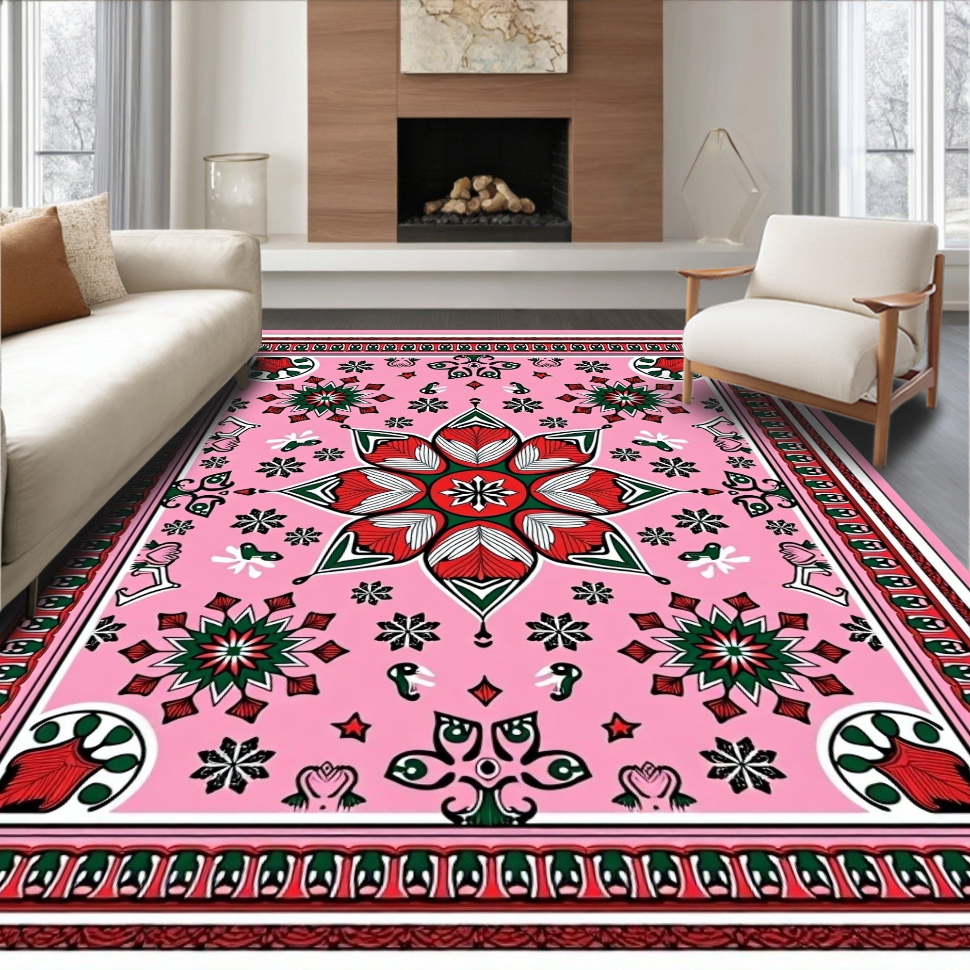 Pink Red Green Floral Medallion Rug