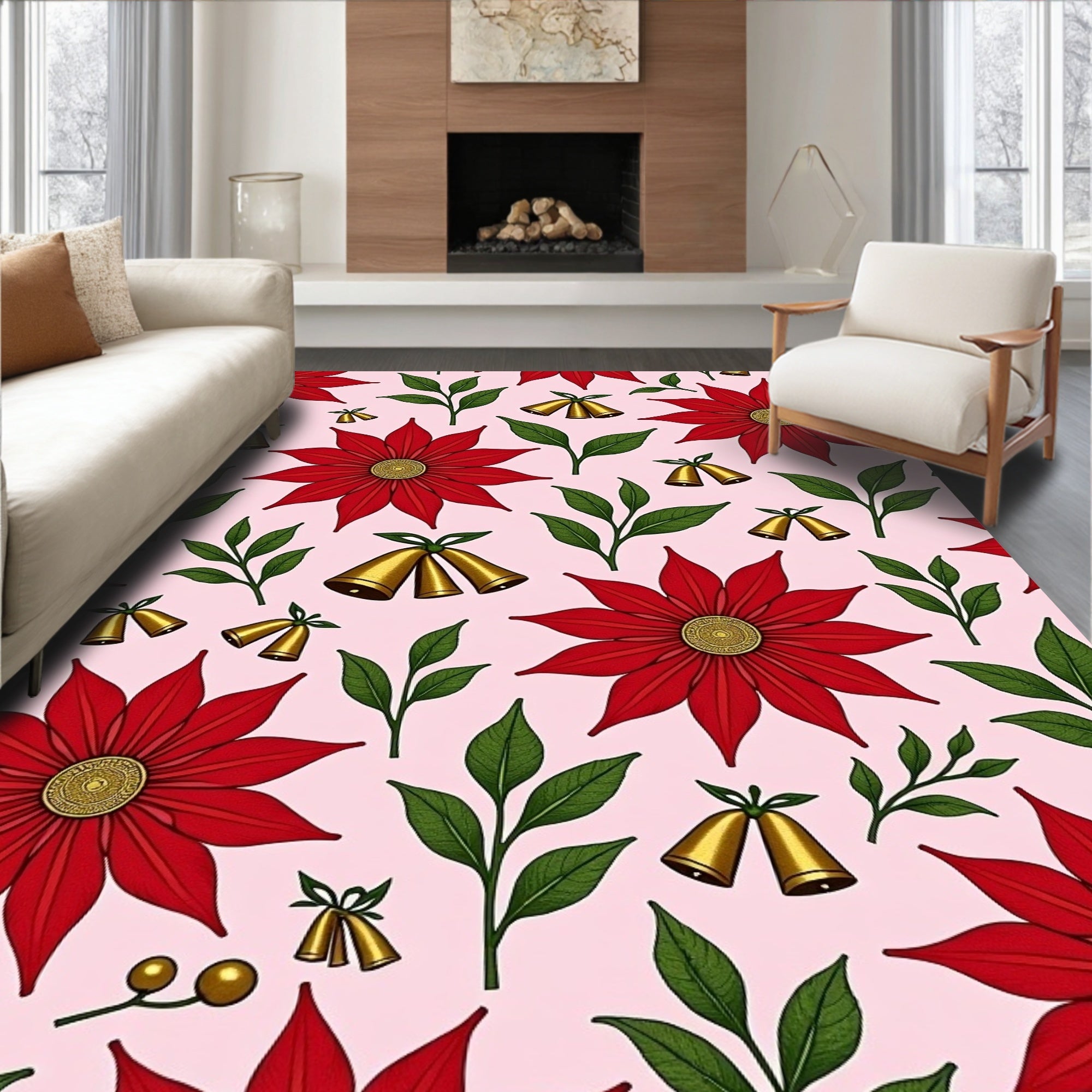 Red Poinsettia Gold Bells Foliage Rug