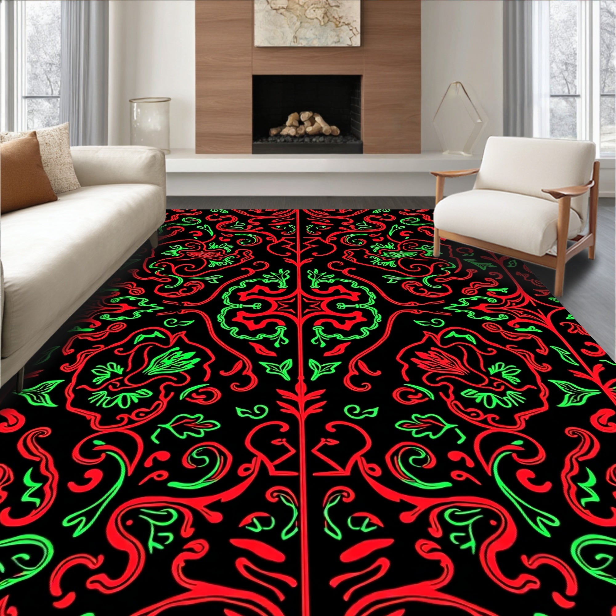 Red Green Floral Swirl Symmetry Rug