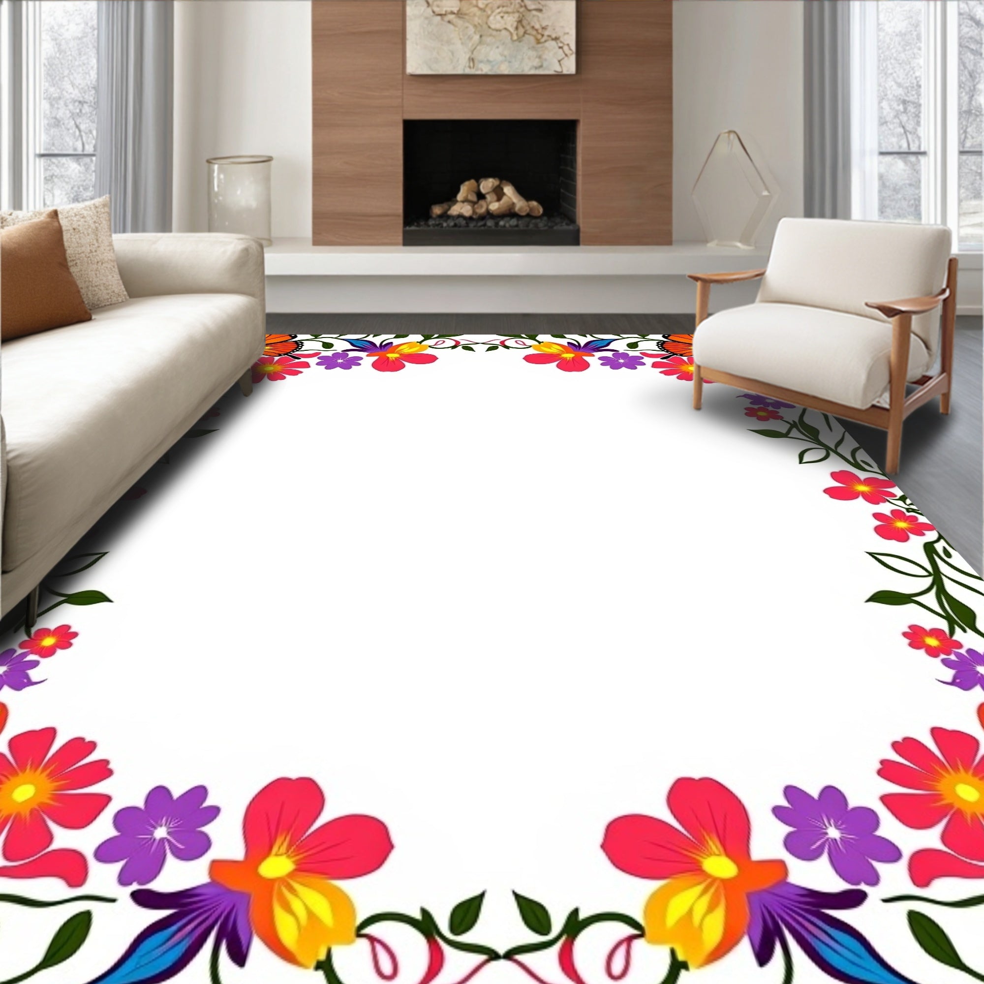 Vibrant Orange Butterfly Floral Border Rug