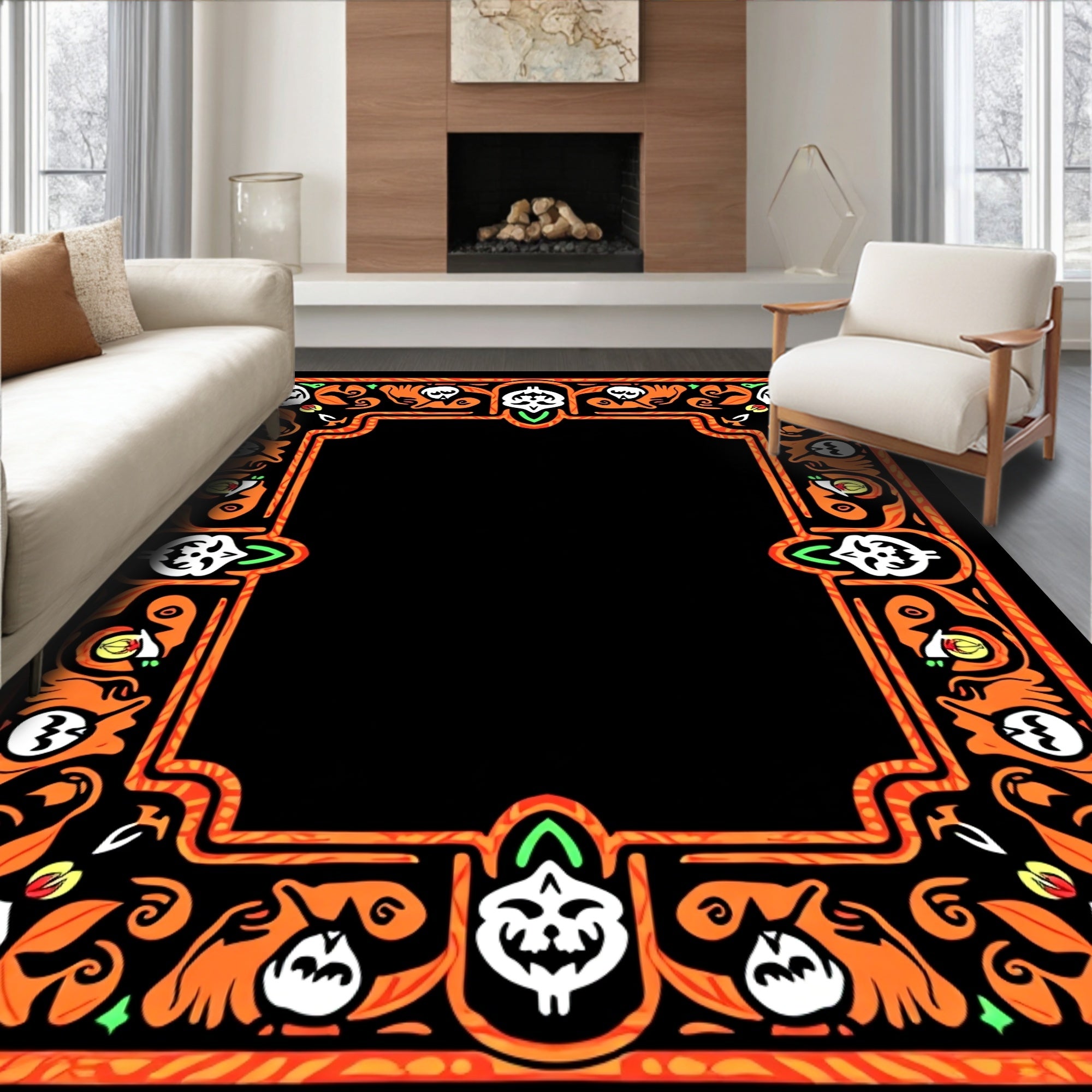 Whimsical orange white skull border Rug
