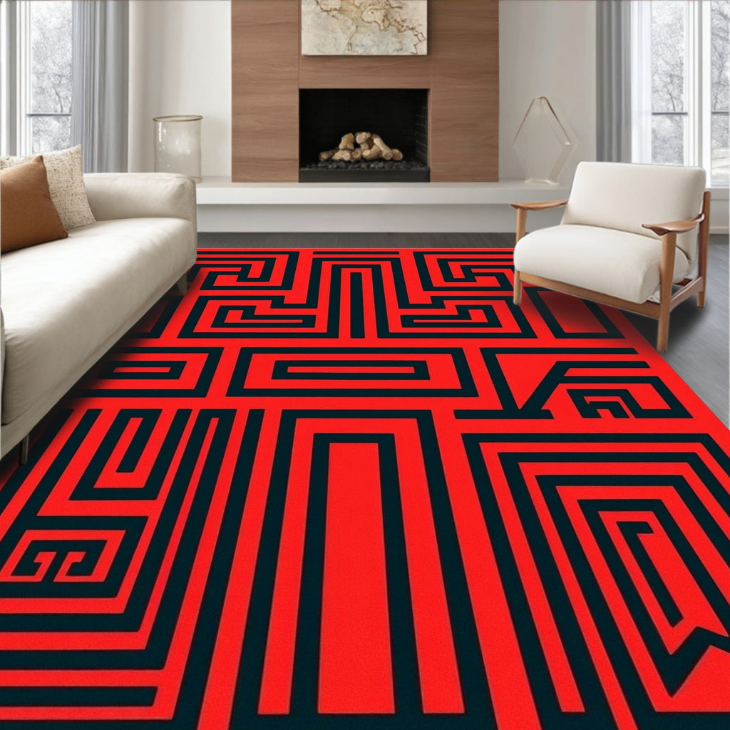 Bold Red Maze Geometric Rug