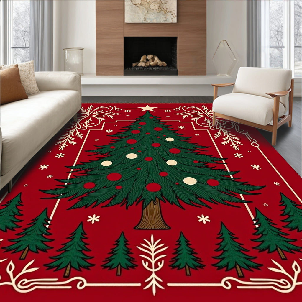 Festive Red Christmas Tree Snowflakes Rug
