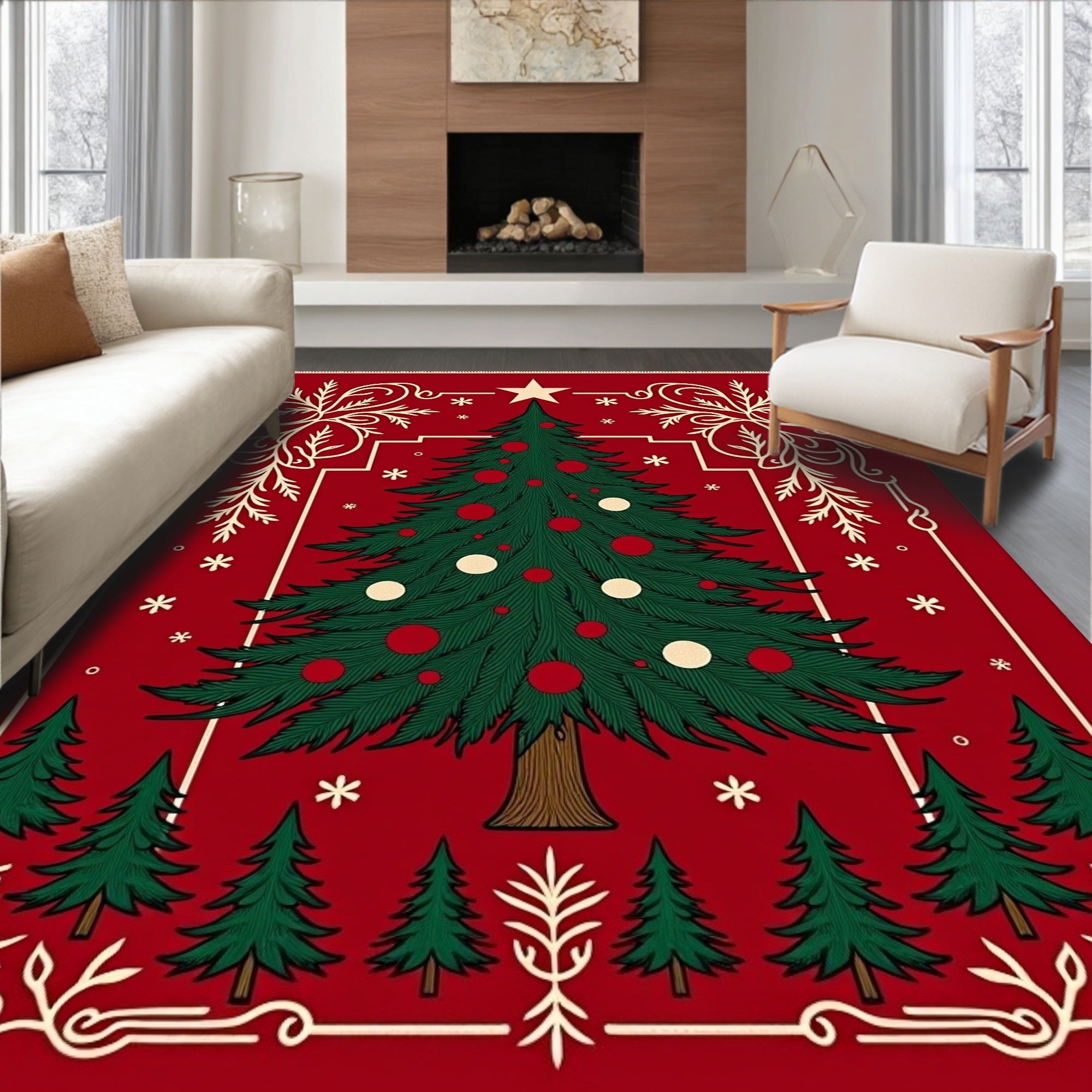 Festive Red Christmas Tree Snowflakes Rug