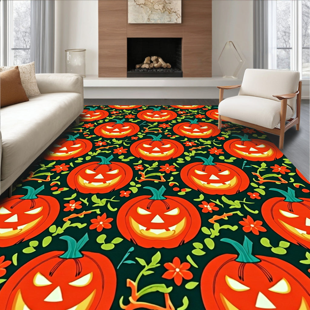 Grinning Orange Halloween Pumpkins Floral Rug