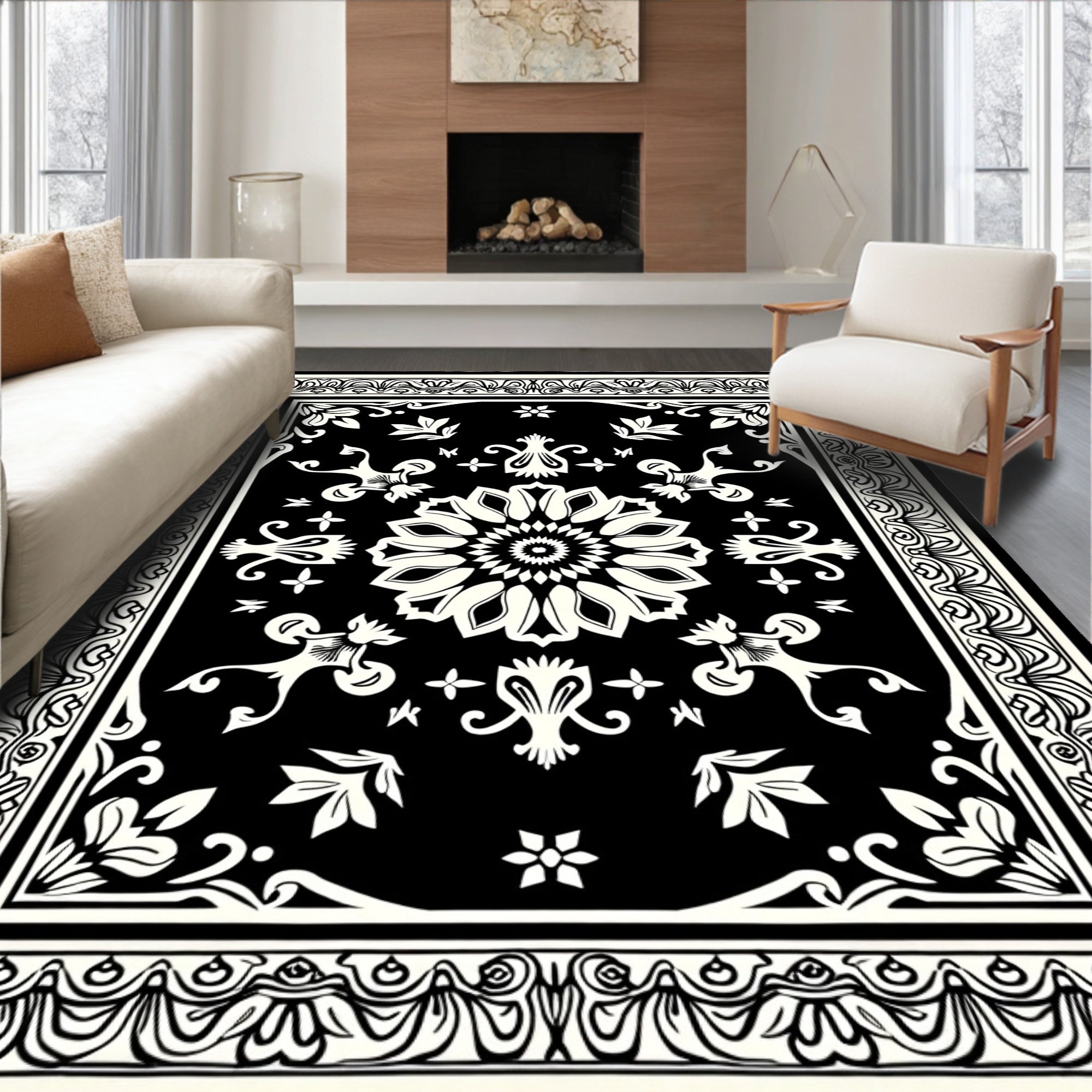 Black White Floral Medallion Garden Rug