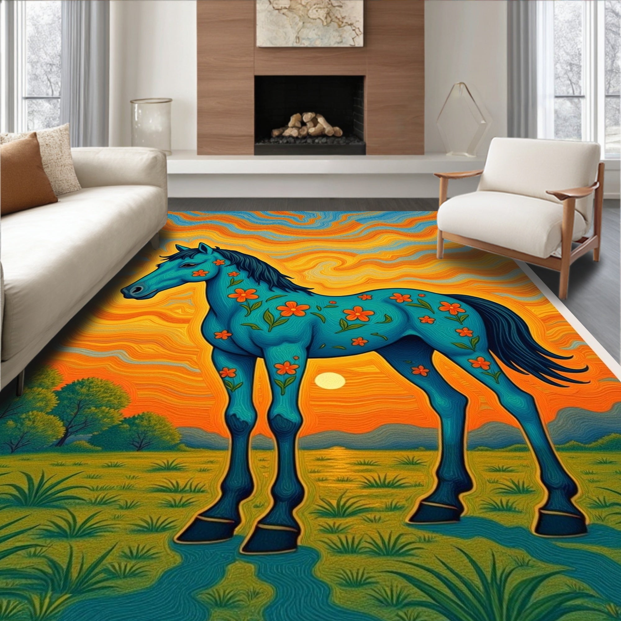 Boho Teal Horse Floral Sunset Rug