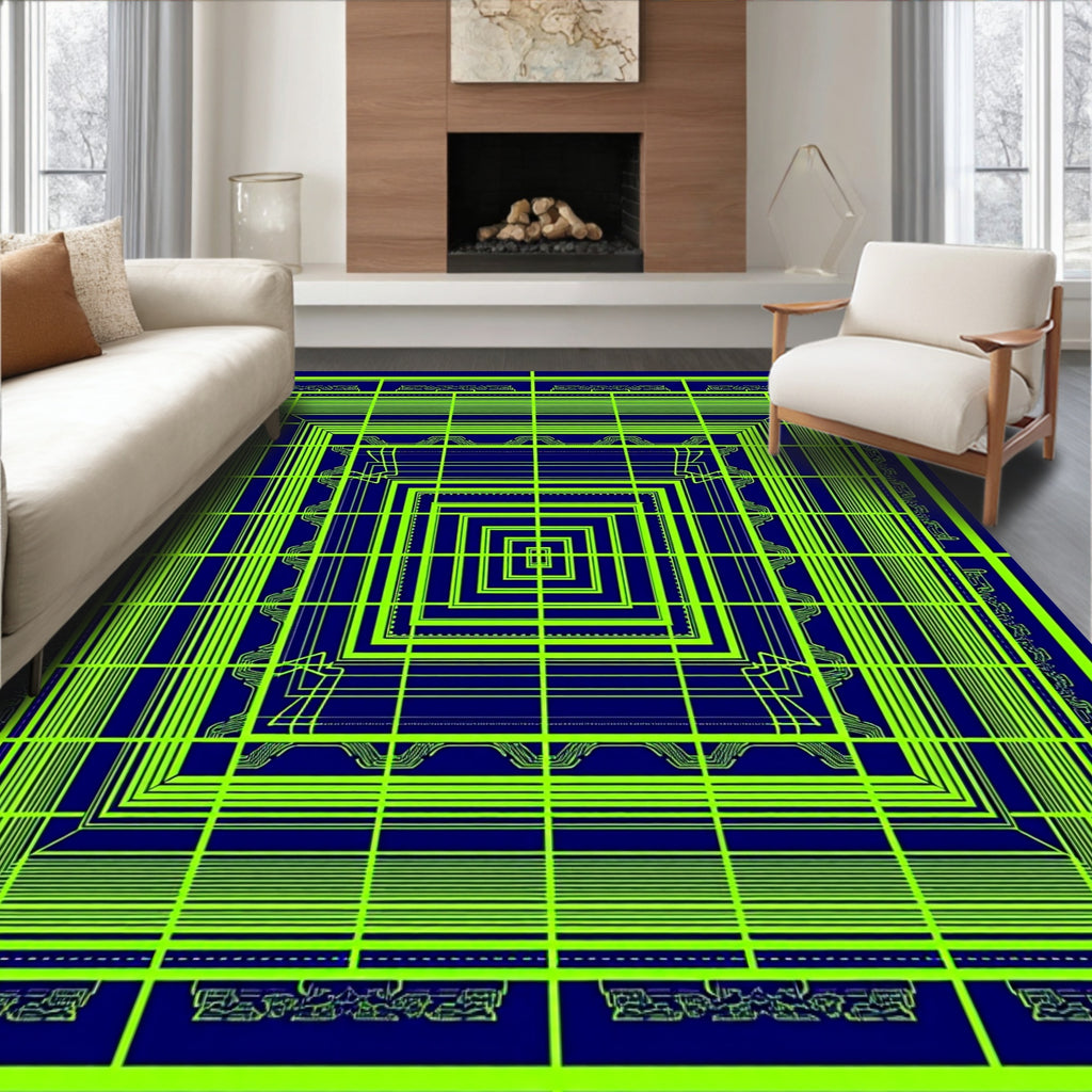 Electric Blue Geometric Nested Squares Rug