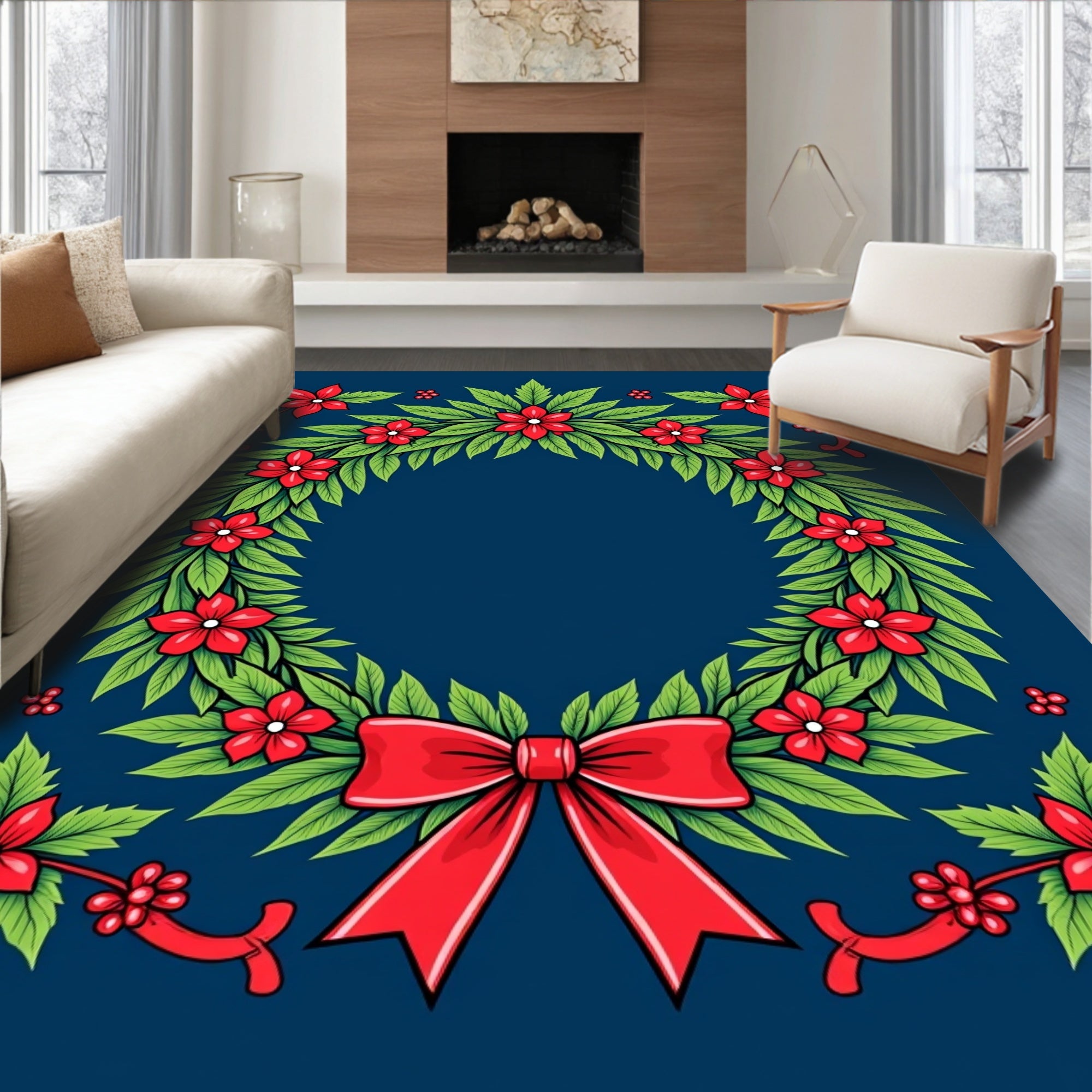 Red Flower Green Leaf Wreath Rug